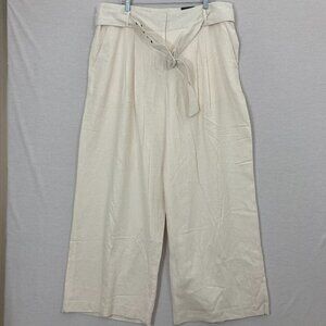 New Worthington White Cream Belted Linen Blend Wide Leg Trousers size 18W Office